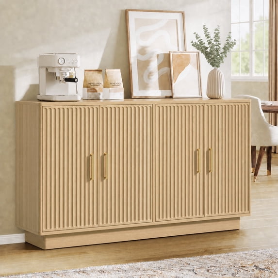 PAPROOS Natural Sideboard Buffet Cabinet, 55in Fluted Credenza Cabinet with 4 Doors & 2 Adjustable Shelves, for Kitchen Dining Room Entryway