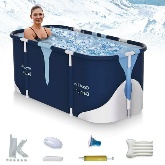 ANJORALA 55in Portable Bathtub for Adult Kids, Foldable Hot Ice Bath Tub for Bathroom, Blue White