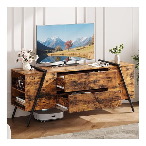 55in TV Stand with Drawers, Farmhouse Entertainment Center, Adjustable Shelves, U-Shaped Metal Legs, Amber Oak Wood Console for Living Room Bedroom