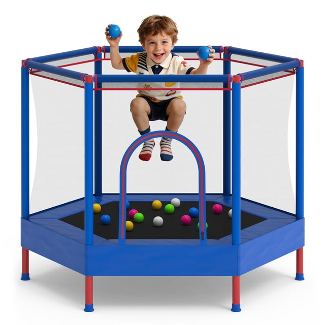 SHINPT 55'' Kids Trampoline with Safety Net, No-Gap Toddler Trampoline Indoor&Outdoor, Mini Trampoline for Kids Ages 3-8, 4.5FT Small Trampoline with Enclosure, Easy Assembly