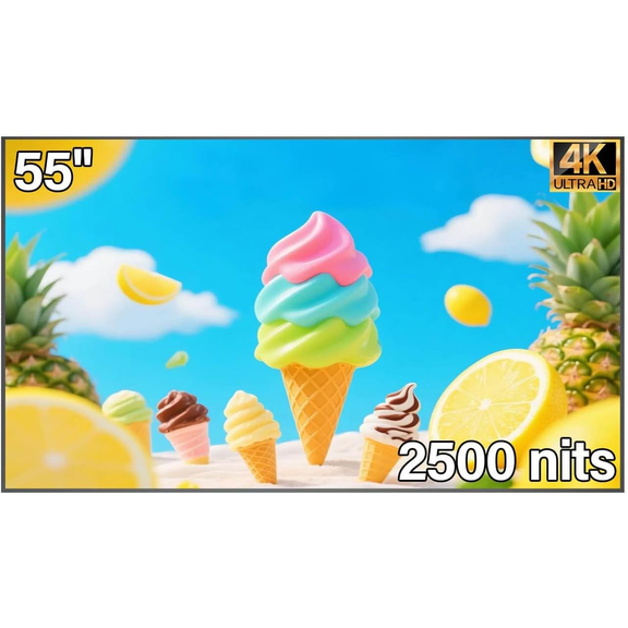 55inch 4K Digital Signage Display, 2500nits High Brightness, LCD Monitor Slim Fit Frameless Advertising Display, Wall Mount Digital Display, CMS Remote Publishing, 7/24 Timer Switch, Built-in Speaker