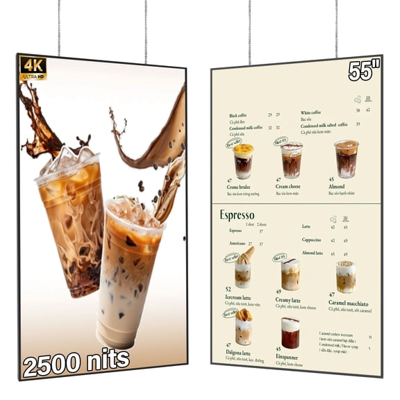 55inch Digital Signage Display, 4K 2500nits High Brightness Slim Fit Frameless Digital Signage, LCD Advertising Display, CMS / Plug & Play Auto Play, 7/24 Timer Switch, Built-in Speaker, Android 11OS