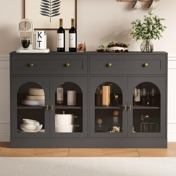 55inch Fluted Buffet Cabinet, Modern Sideboard with Drawers & 4 Transparent Acrylic Doors, Wood Kitchen Storage Cabinet for Dining Room Living Room Accent Furniture