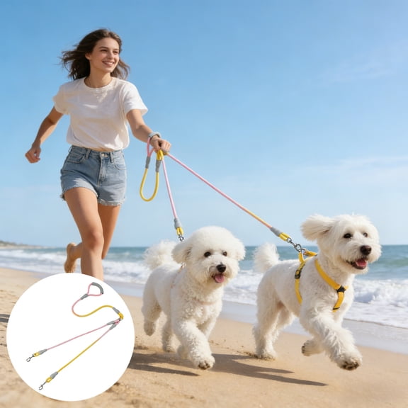 55inch Long Lightweight Adjustable Double Nylon Dog Leash,with Shock Absorbing Bungee & Padded Handles, for Small Medium Large Dogs(Yellow)