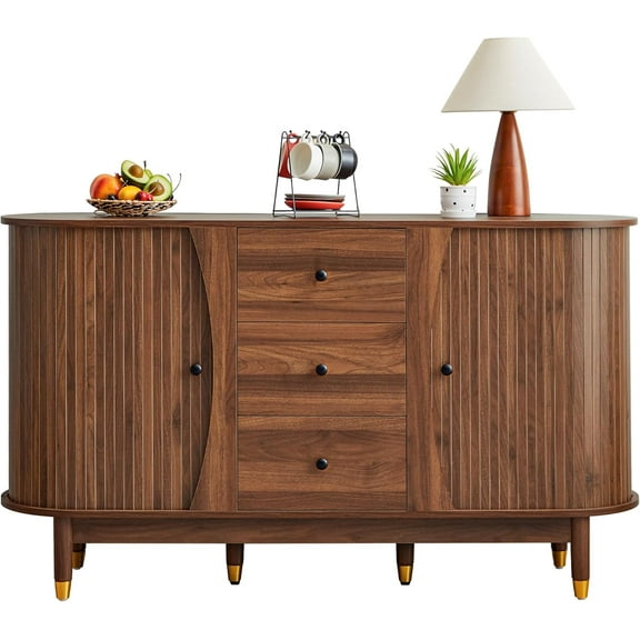55inch Sideboard Buffet Cabinet with Drawer,Oval Curved Sideboard with Tambour Sliding Door,Walnut Buffet Storage Cabinet for Dining Room Living Room Entryway