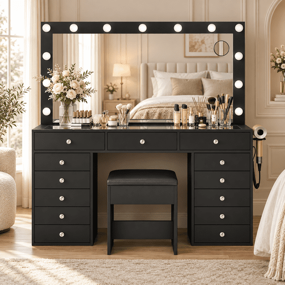 55inch Vanity Mirror with Lights, Makeup Vanity Desk with Glass Top and ...