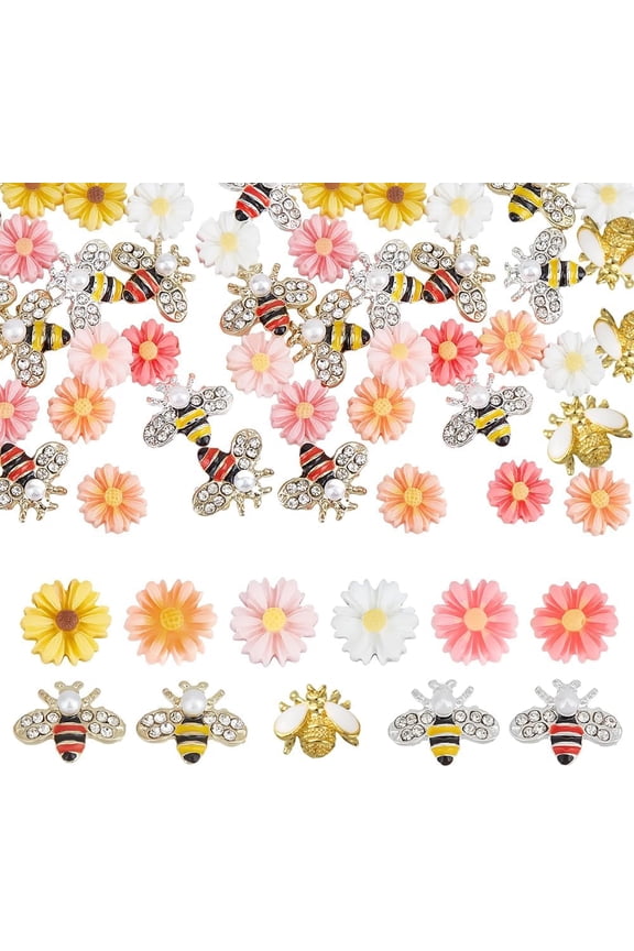 55pcs Bee Flower Nail Art Charms Set 3D Flower Nail Charms Gold Nail Charms Set Resin Nail Decorations 11 Styles Nail Charms with Alloy Rhinestone Bee