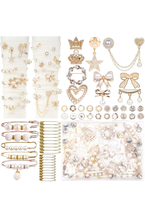 55pcs Charms for Socks Safety Pin Brooch Junk Sock Charms Pins Gold Bling Sock Jewelry Charms,Brooch Pins for Socks Pearl Rhinestone Brooch Pins Costom Shoe Sock Charms Kit Bulk for Hat Clothes