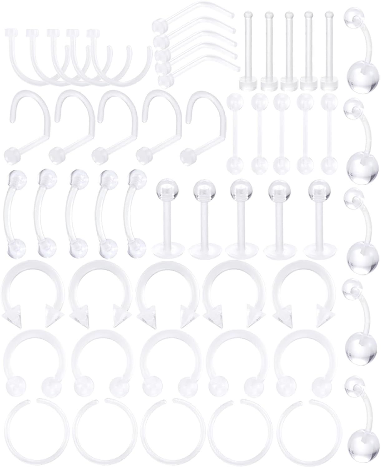SSG, 55pcs Clear Piercing Retainers Set, 14G 16G 20G Flexible Bioflex ...