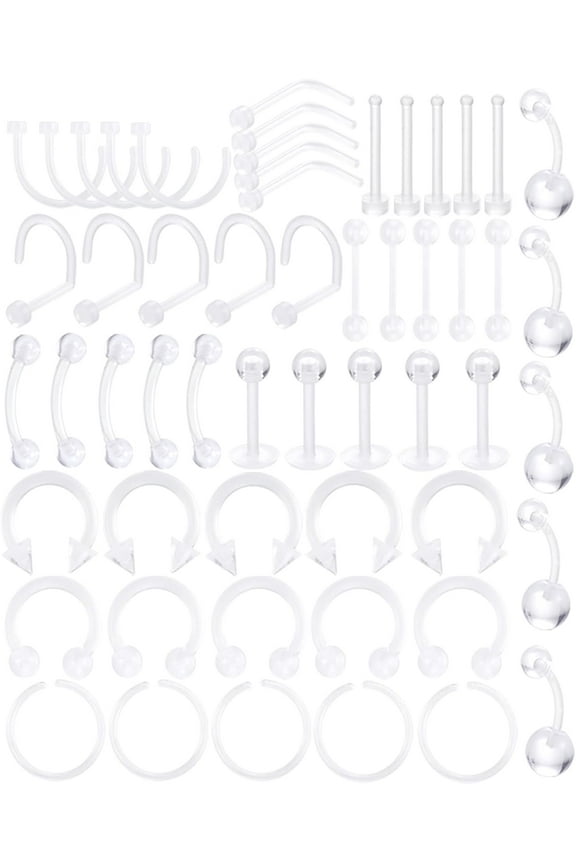 55pcs Clear Piercing Retainers Flexible Bioflex 14G 16G 20G Navel Belly Button Ring Lip Labret Eyebrow Tongue Barbells Cartilage Tragus Earrings Retainer