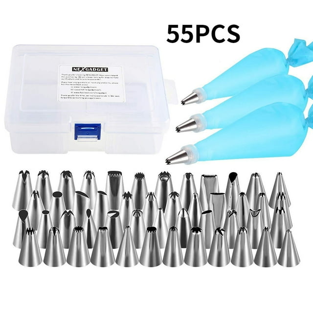 55pcs Icing Tips and Bags Cake Decorating Kit with Stainless Steel Nozzles Cake Decorating Kit with 6-grid Storage Box