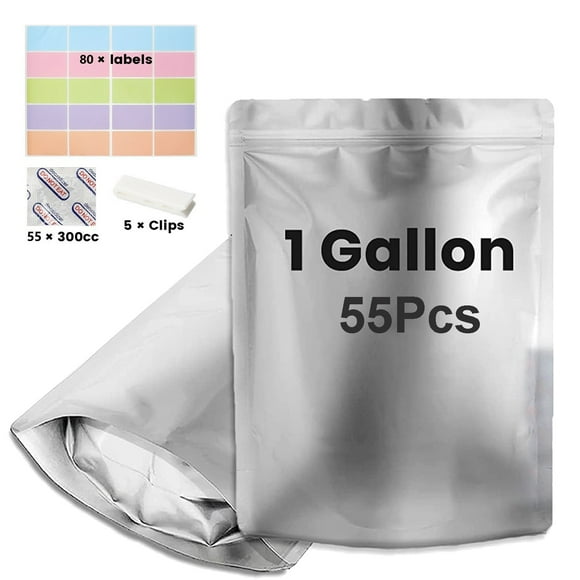 55pcs Mylar Bags for Food Storage with 55x300cc Oxygen Absorbers & Labels & Clips, - Stand-Up, Resealable & Heat Sealable for Long Term Food Storage (1 Gallon, 10x14inch)