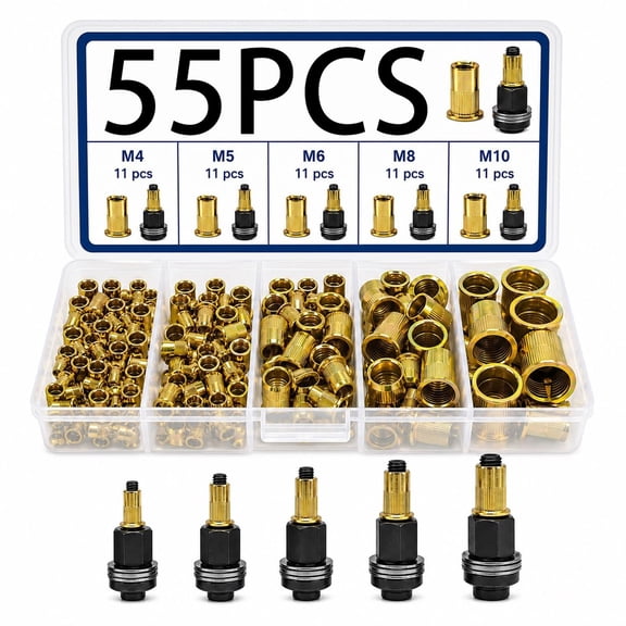 55-Piece Rivet Nut Tool Set, M4-M10 Carbon Steel with Mandrels and Threaded Inserts for Automotive, Furniture and Sheet Metal Repair