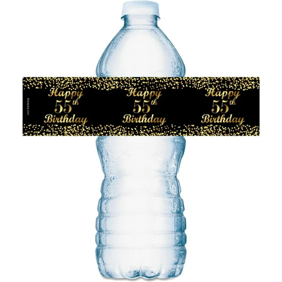 55th Birthday Black Water Bottle Labels; Set of 25 Waterproof Water Bottle Wrappers; Gold and Black Stickers. Happy Birthday Labels