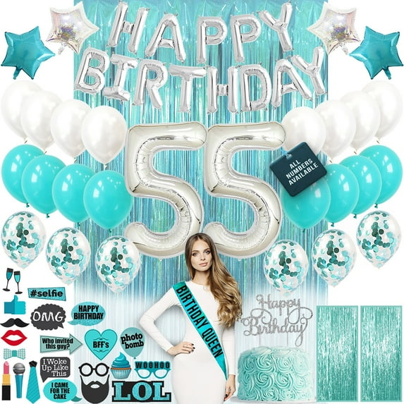 55th Birthday Decorations, 55th Birthday Party Supplies, Fifty Five Birthday Banner Teal Green, Confetti Balloons Her Photo, 55 Cake Topper