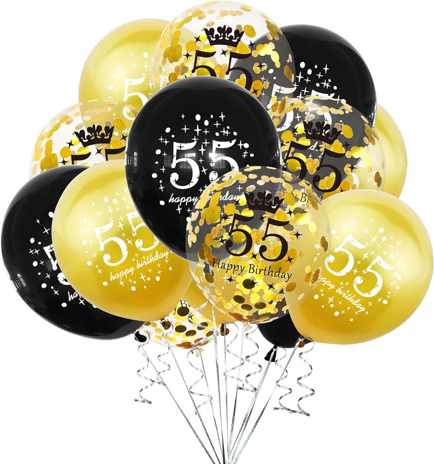 55th Birthday Decorations for Men Women Black and Gold 55th Birthday Balloons Latex Confetti Balloon 55 Years Old Anniversary Theme Events Party Decor Supplies 15 pieces 12 inch