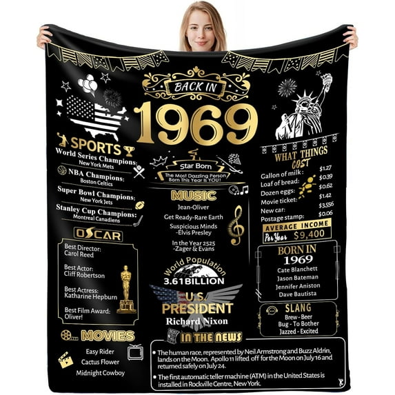 55th Birthday Gifts for Women Men, Soft Comfortable Throw Blanket, Birthday Decorations for Mother and Dad Wife Husband, 55 Year Old Birthday Decorations Blanket 60"X50", Back in 1969