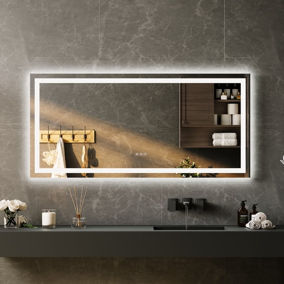 55x26 Inch LED Bathroom Mirror, Frameless Dimmable Front & Backlit Vanity Mirror with 3X Magnifier and Anti-Fog, Shatterproof Wall Mounted Mirror with Adjustable Color Temperature and Memory Function