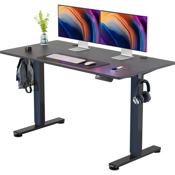 55x28 Inch Adjustable Height Electric Standing Desk with 2 Storage Hooks, Sit Stand Up Computer Desk for Home Office (Black)