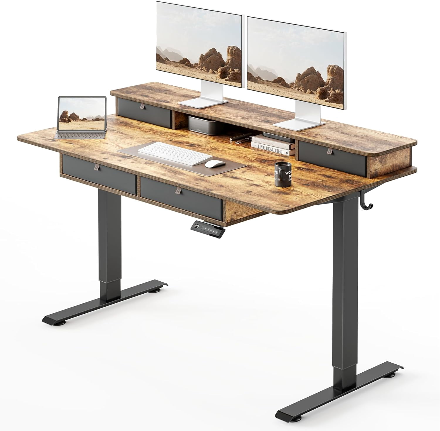 55x30 inch Electric Standing Desk w/Drawers, Rustic Brown | Height ...