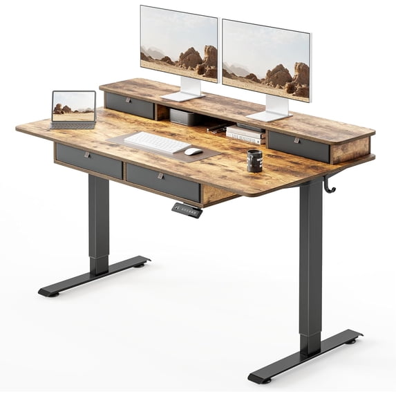 55x30 inch Electric Standing Desk w/Drawers, Rustic Brown | Height ...
