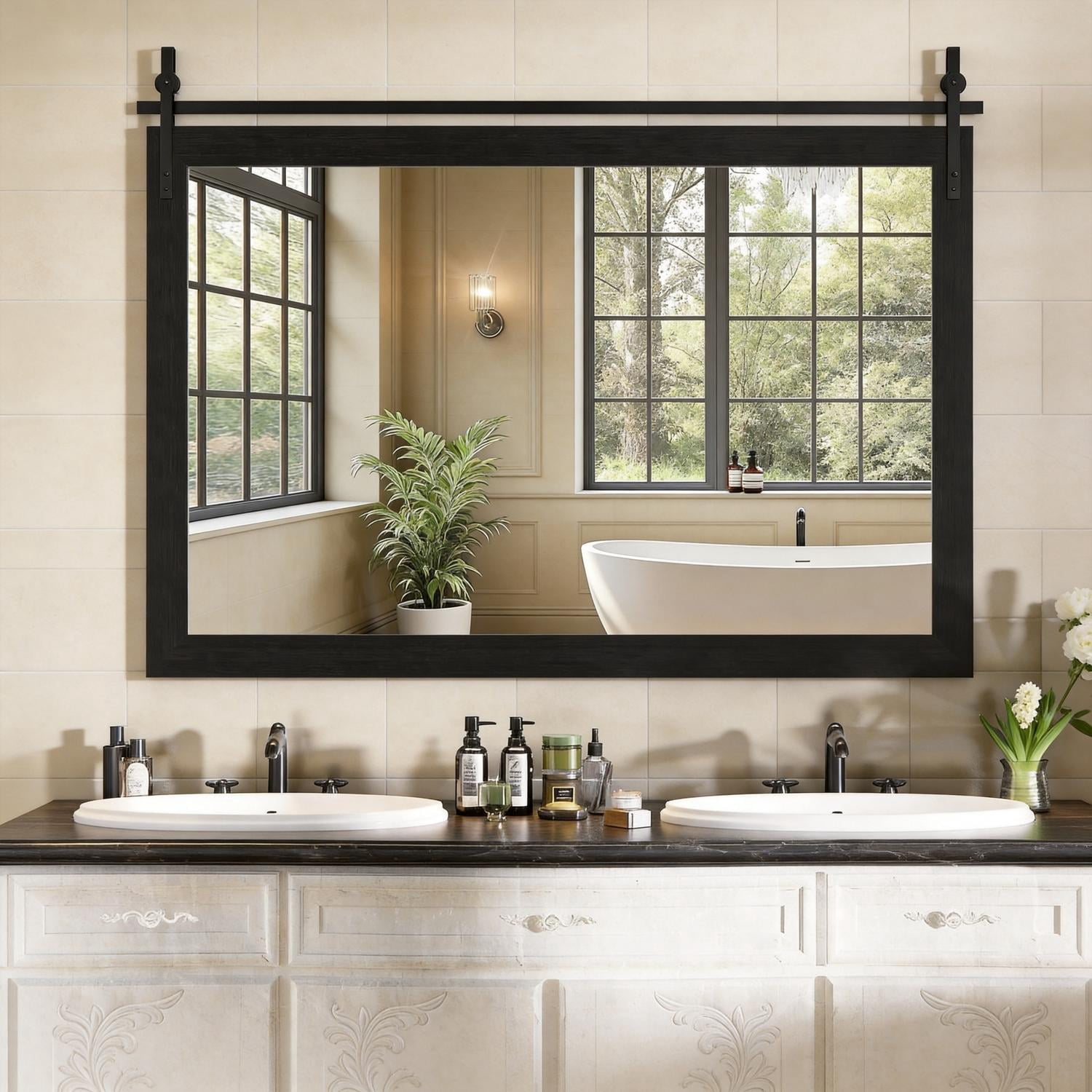 55x36-Inch Farmhouse Bathroom Mirror with Faux Wood Grain Frame, Rustic Wall Mounted Vanity Mirror and Decorative Mirror for Bathroom, Black