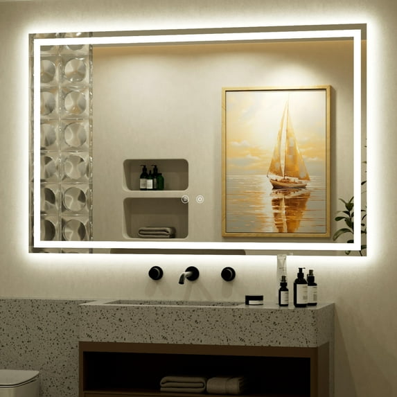 JSneijder 55x36 inch LED Bathroom Mirror, Wall Mounted Frameless Lighted Bathroom Mirror, Dimmable, Anti-Fog, Horizontal/Vertical