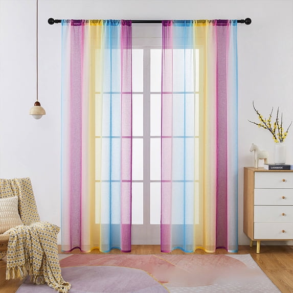 55x63in Rainbow Sheer Curtain Ombre Rod Pocket Semi Sheer Voile Gauze Drape for Bedroom Patio Living Room Modern Decor Sunlight Filter Easy Care