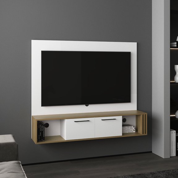56.1" Wide, MDF Composition - Four Shelves, Cable Holes - Living Space - Neat TV Setup