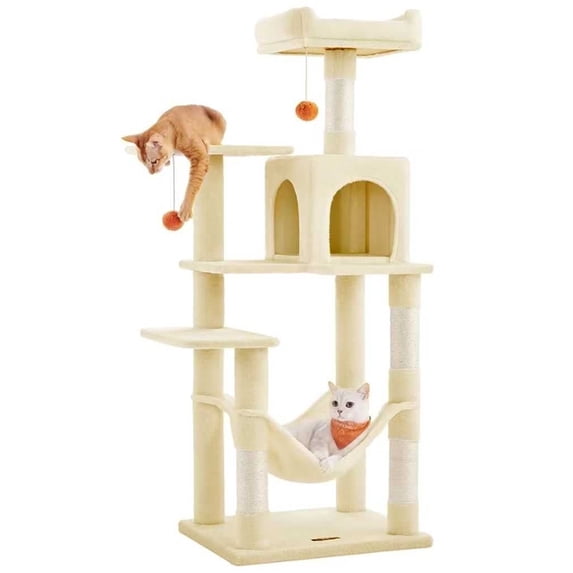 56.3'' Cat Tree Tower for Indoor Cats ,Multi-Level Cat Condo Cat Furniture with Scratching Posts, Perches, Hammock, Cave ,Beige