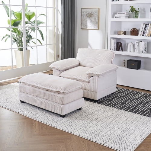 56.3 Inch Corduroy single sofa With 2 toss pillows and a ottoman ,Comfy Sofa- Deep Seat Couch for Living Room