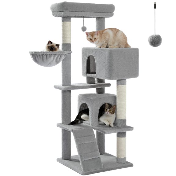 56.3-Inch Multi-Level Cat Tree Tower for Indoor Cats, Heavy Duty Pet Activity Center Furniture w/ 2 Cozy Condos Caves, Top Perch Plush Hammock, Climbing Ramp & Natural Sisal Scratching Posts