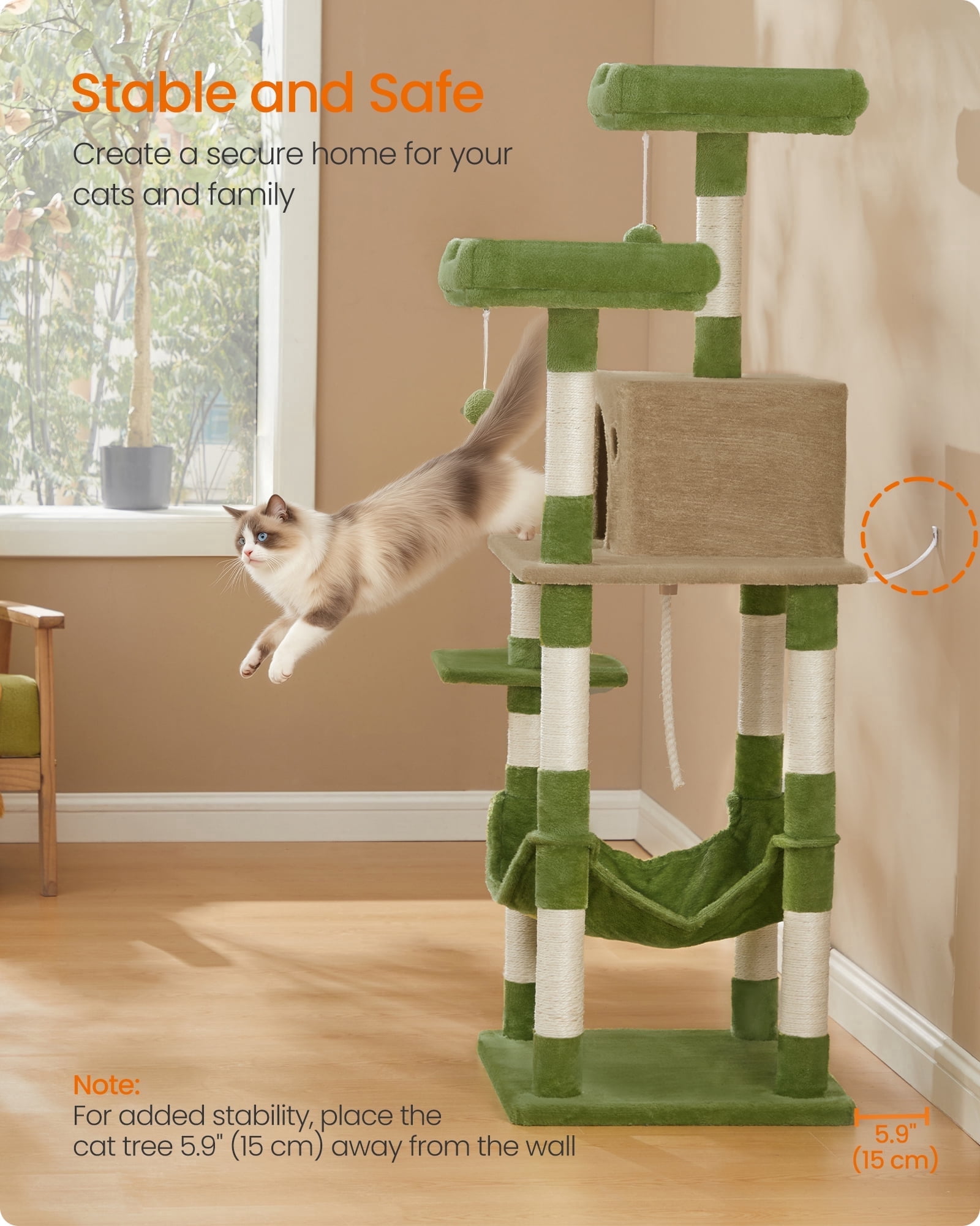 Feandrea 56.3-Inch Multi-Level Cat Tree with 11 Scratching Posts, 2 Perches, Cave, and Hammock for Multiple Cats, Grass Green and Brown