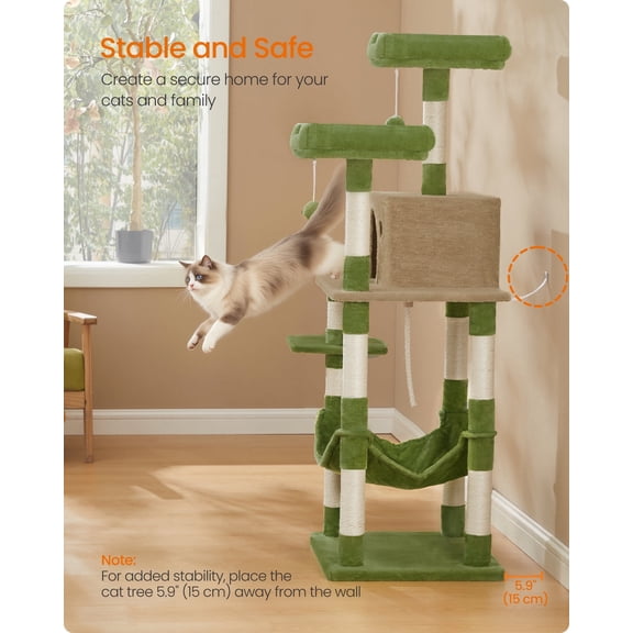 Feandrea 56.3-Inch Multi-Level Cat Tree with 11 Scratching Posts, 2 Perches, Cave, and Hammock for Multiple Cats, Grass Green and Brown