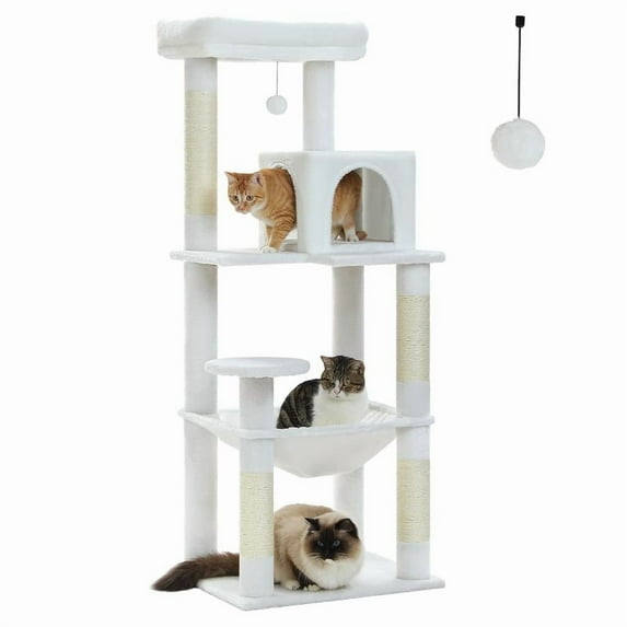 56.3-Inch Multi-Tier Cat Tower for Large Cats with Metal Plush Hammock, 2 Condos, 6 Shelves, Scratching Posts, Perch in Gray for Indoor Play and Rest