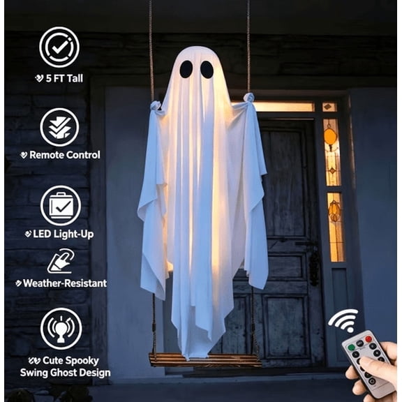 56.3" Large Hanging Swing Ghostses Halloween Decoration with String Lights – Adjustable Height, 8-Mode Remote & Timer, Spooky Glowing Outdoor Decor for Front Porch Yard Tree,Premium Drape Fabric,1PC