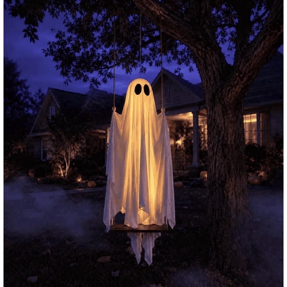 56.3" Large Hanging Swing Ghostses Halloween Decoration with String Lights Adjustable Height, 8-Mode Remote & Timer, Spooky Glowing Outdoor Decor for Front Porch Yard Tree,Premium Drape Fabric,1PC