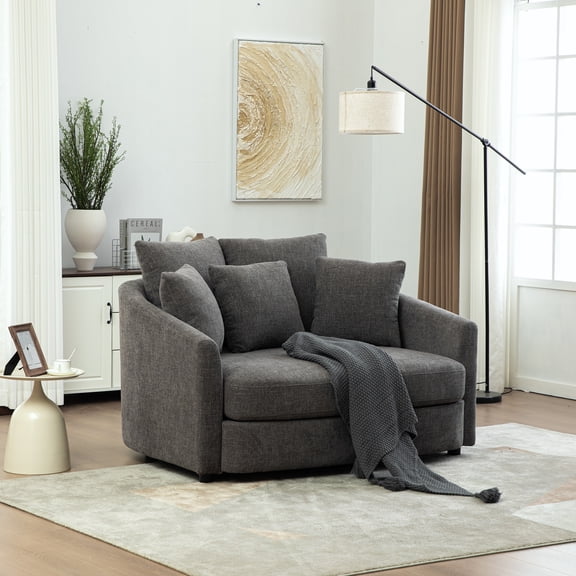 56.3'' Wide Upholstered Round Accent Cuddle Chaise with Pillows, Cozy Oversized Slipcovered Barrel Lounger Chair with Deep Seat Reading Armchair for Club, Living Room, Bedroom, Office, Lounge, Gray