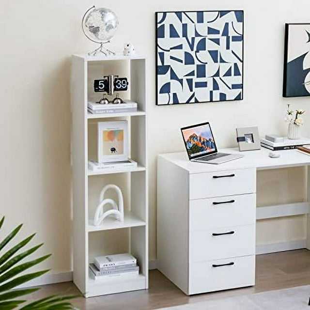 56" Tall 4 Cube Bookcase White Freestanding 15" Wide 5Tier Narrow