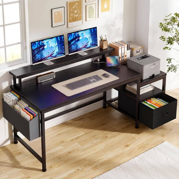 56.5" Black Computer Desk with File Drawers, Printer Space, Power Outlets, and Monitor Stand