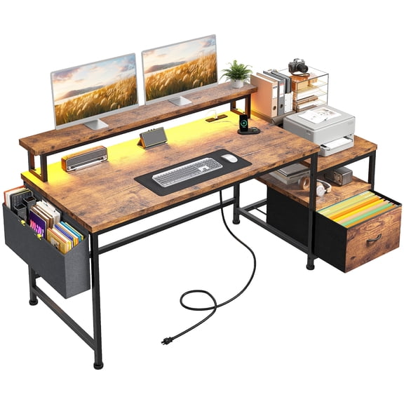 melmine 56.5 Inch Computer Desk with Fabric Drawer, Monitor Stand and USB Power Outlets,Study Desk for Small Spaces,Gray Oak