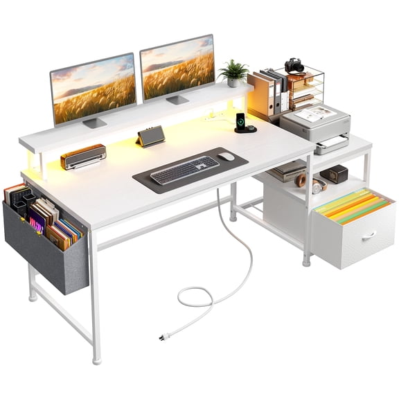melmine 56.5 Inch Computer Desk with Fabric Drawer, Monitor Stand and USB Power Outlets,Study Desk for Small Spaces,white