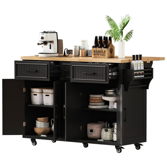 56.5" Kitchen Island with Storage, Drop Leaf and Power Outlet, Rolling Kitchen Cart on Wheels w/ 4 Doors & 5 Deep Drawers, Spice & Towel Rack,for Dining Room,Black