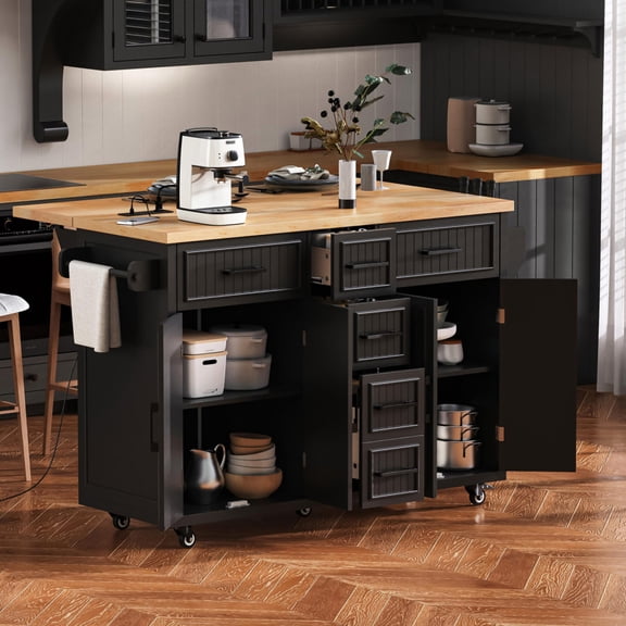 56.5'' Rolling Kitchen Island with Drop Leaf & Power Outlet,Black