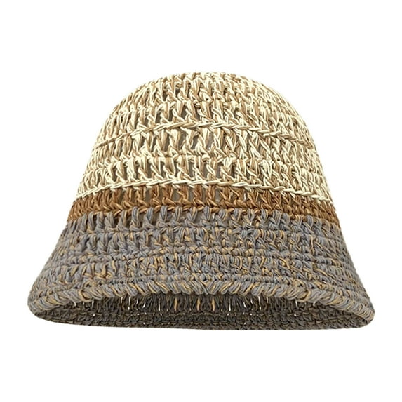 56-58cm hat circumference casual simple knitted cotton and linen color matching fisherman hat female summer breathable basin hatGray and beige