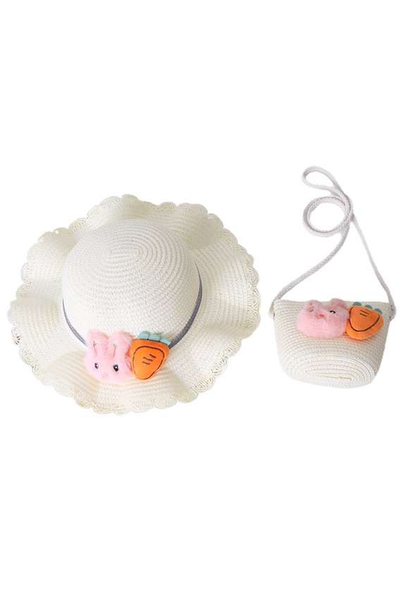 56-58cm hat circumference female summer sun hat rabbit radish sunscreen sunshade straw hat and straw bag set - Milky white