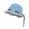 thumbnail image 1 of 56-58cm hat circumference retro denim double-sided fisherman hat female summer ruffled sun hat with windproof drawstring - Light denim beige, 1 of 5