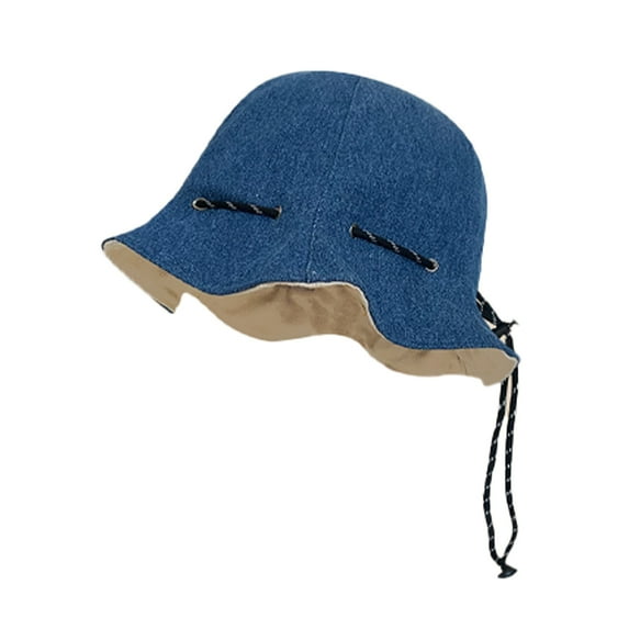 56-58cm hat circumference retro denim double-sided fisherman hat female summer ruffled sun hat with windproof drawstringMedium denim beige