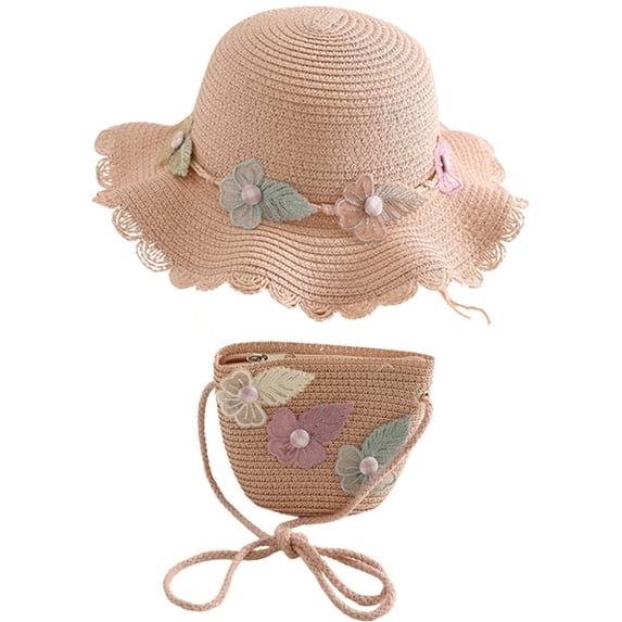 56-58cm hat circumference women's straw hat summer sunshade sunscreen hat leisure outing beach hat and straw bag set - pink