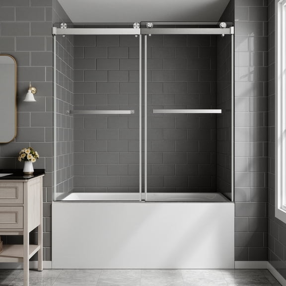 56-60" Fully Frameless Double Sliding Bathtub Door, 5/16" (8mm) Clear Tempered Glass with Stainless Steel Nickel Hardware